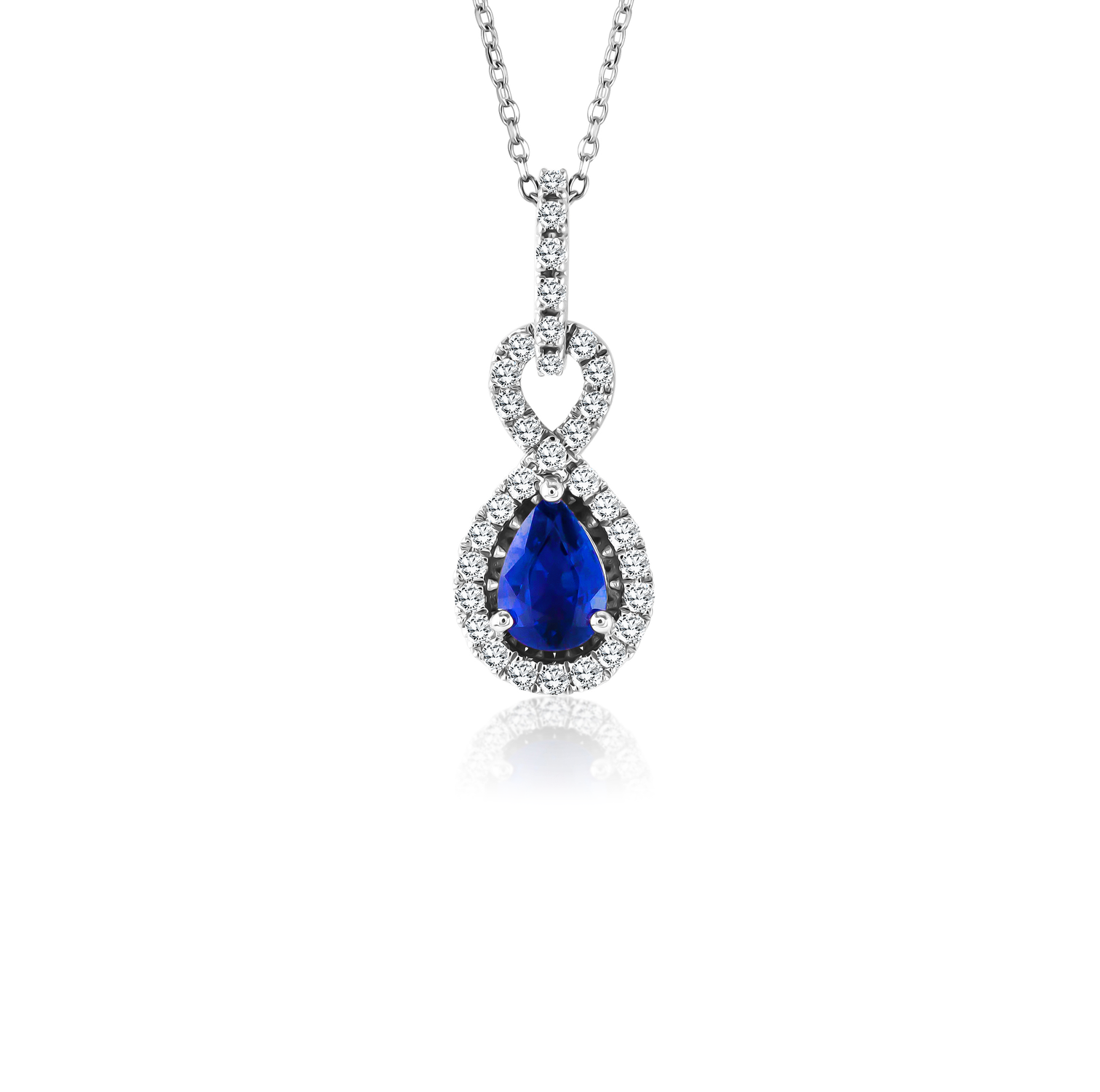 Sabel Collection Pear Shape Blue Sapphire and Diamond Halo Pendant